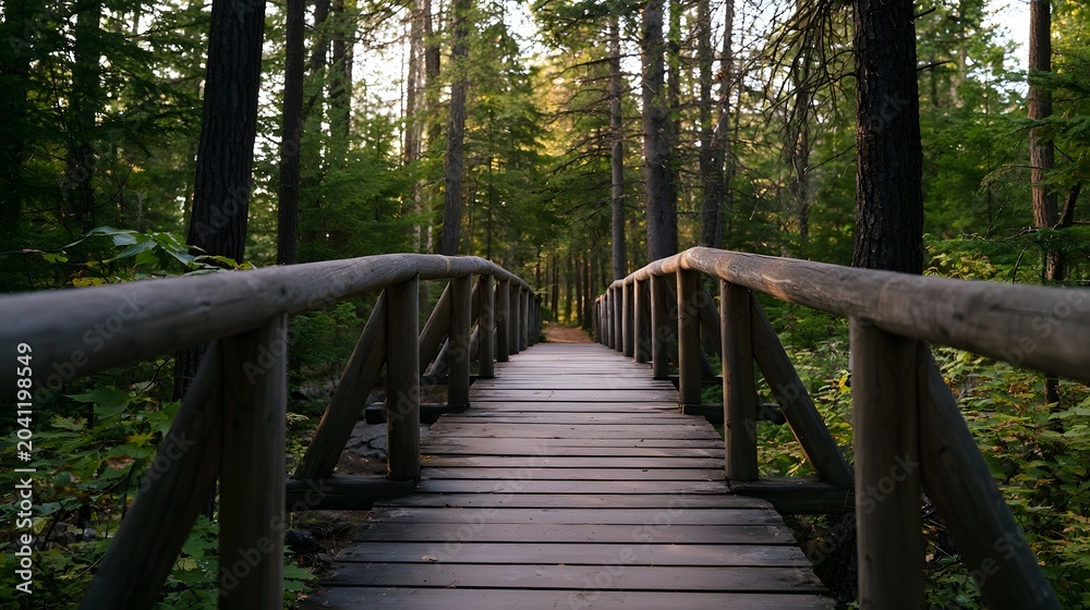 Obraz premium A wooden bridge stretches through a dense lush forest path offering a serene and tranquil natural landscape