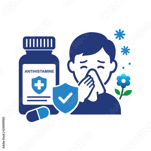 Фотография allergy relief icon in flat blue style antihistamine medicine pill sneeze flower