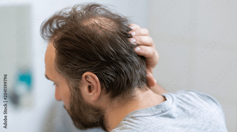 Fototapeta premium Man Examines Bald Spot in Mirror During Morning Routine in Natural Bathroom Light, Focusing on Hair Loss Awareness and Self-Care Habits