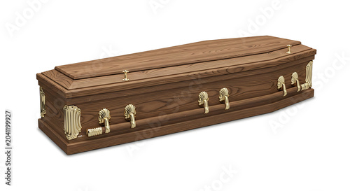 Brown wooden coffin with gold handles isolated on white background transparent background