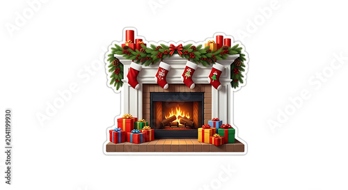 Christmas fireplace with stockings and presents on mantel  holiday decoration transparent background