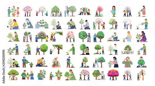 Bild auf Leinwand Diverse people gardening and planting trees set featuring various activities lik
