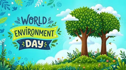 World environment day cartoon illustration with trees and greenery