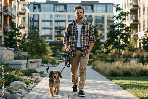 Man walks dog on a path in a modern neighborhood in the evening