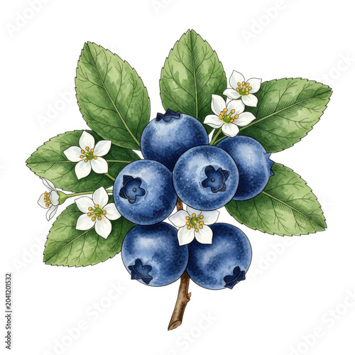 A cluster of indigo blueberries with green leaves and small white flowers on a white background in a detailed watercolor style botanical illustration concept
