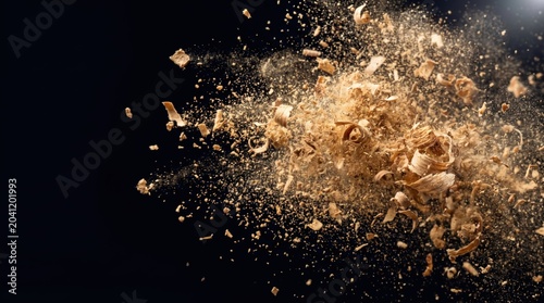 Dynamic explosion of wood shavings and sawdust flying in motion on a dark background.