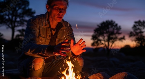 Man sitting by a campfire and warming hands at twilight outdoors  