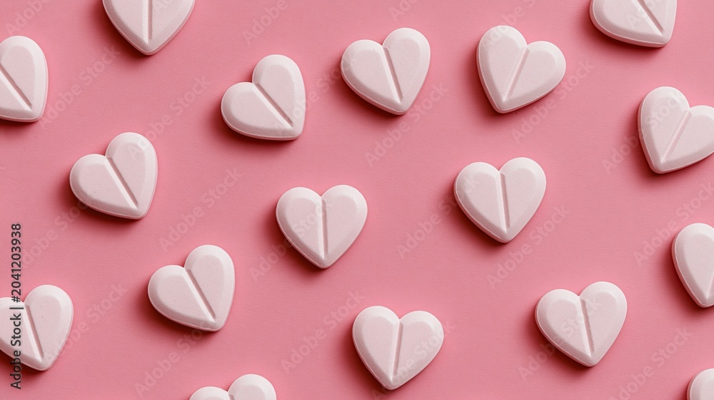 Obraz premium Heart Shaped Pills on Pink Background Show Medication for Mental Wellness and Creativity in Minimal Design