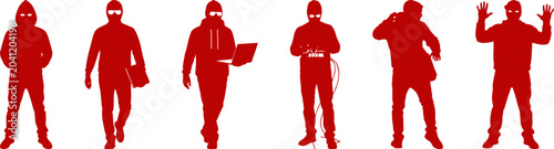 Obraz na płótnie Group of red hacker silhouettes in various poses and activities.