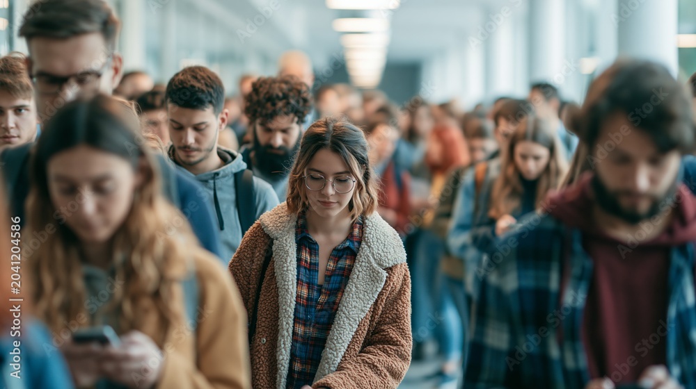 Fototapeta premium Students Wait in University Corridor Before Entrance Exams in Modern Academic Setting and Bright Interior Lighting