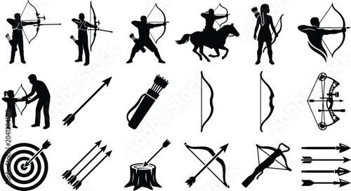 Vászonkép Archery silhouette collection with bows, arrows, targets, and figures practicing