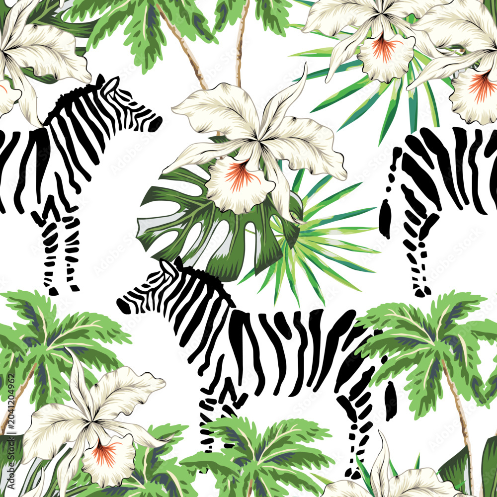 Fototapeta premium Zebra animals, orchid flowers, green monstera palm leaves, palm trees, white background. Vector floral seamless pattern. Tropical jungle foliage illustration. Exotic plants. Summer beach design
