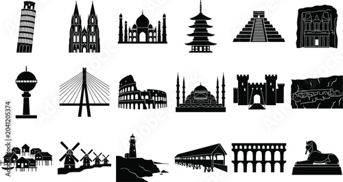 Foto World landmark silhouette collection featuring iconic monuments, historic archit