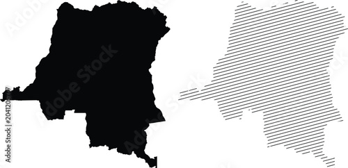 Democratic Republic of the Congo map vector, black silhouette and hatched line art set, African country border outline graphics
