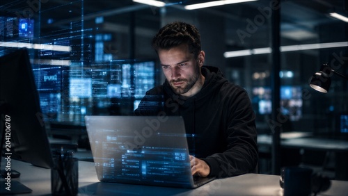 A man working intently on a laptop in a modern office environment. Digital interfaces and data streams are projected around him, suggesting a focus on technology and information