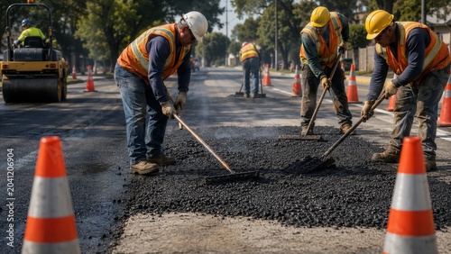 Road construction workers paving a street with asphalt, using tools to spread the material. Safety cones and a steamroller are visible in the background, indicating an active construction site