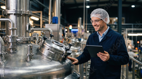 A man standing next to large equipment uses a tablet to monitor processes in a factory. He wears a hairnet and looks focused on his task as machines run around him