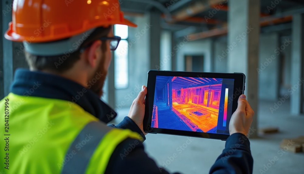 Naklejka premium Builder uses thermal camera tablet for building inspection. Inspects heat loss, energy efficiency, structural integrity, and drafts in new construction site. Detects temperature variations.