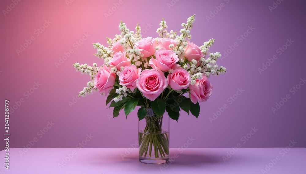 Obraz premium Pink roses and white small flowers bouquet in glass vase. Gentle bloom arrangement on soft purple background. Natural decoration for home office.