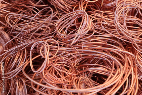 Close up of copper scrap, heap of tangled copper wires