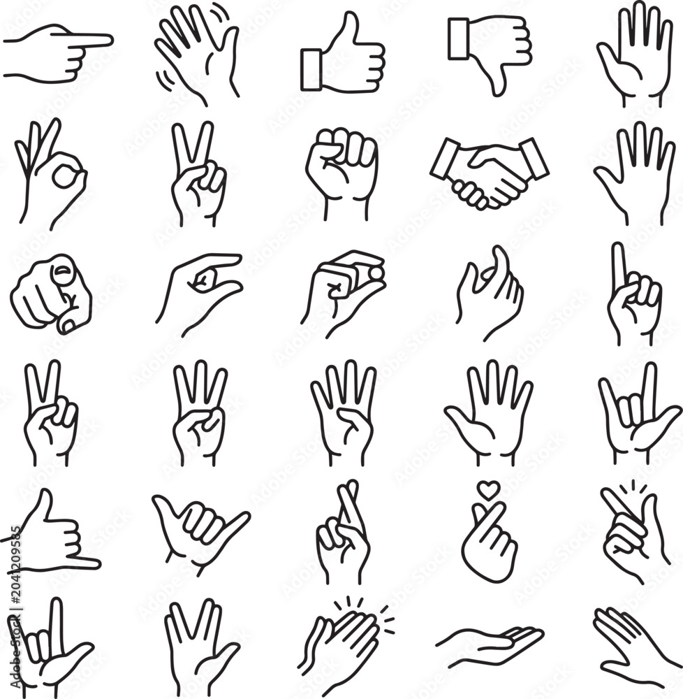 Fototapeta premium Collection of diverse hand gestures and signs drawn in black and white sketch style illustration