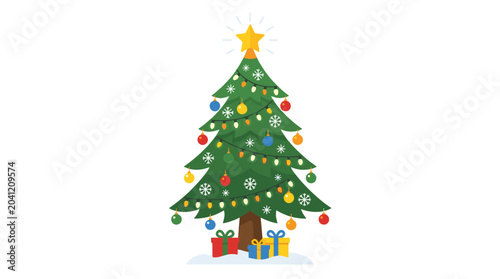 Flat vector illustration of a Christmas tree, featuring an isolated evergreen spruce for New Year, adorned with a star, colorful ornaments, lights, and snowflake motifs, celebrating winter holidays