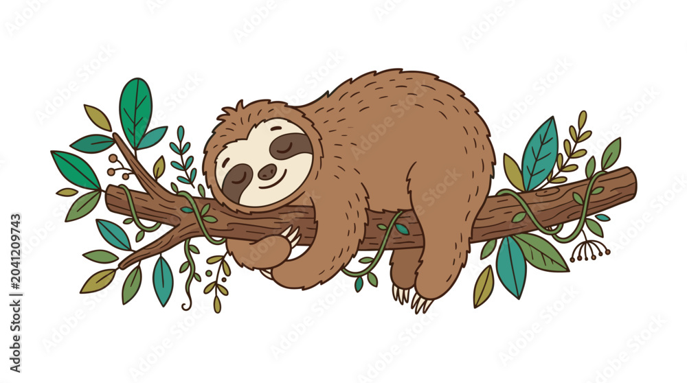 Fototapeta premium A charming sloth snoozes on a branch, a leisurely jungle animal resting in a rainforest tree, portrayed as a funny cartoon figure set against a white backdrop in a vivid hand‑drawn vector