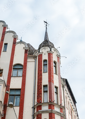 Art Nouveau building featuring a distinctive bay corner tower in Riga, Latvia