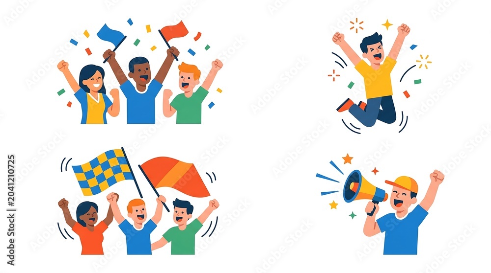 Fototapeta premium Excited fans celebrating with flags and confetti, cheering for victory, diverse group of people showing support.