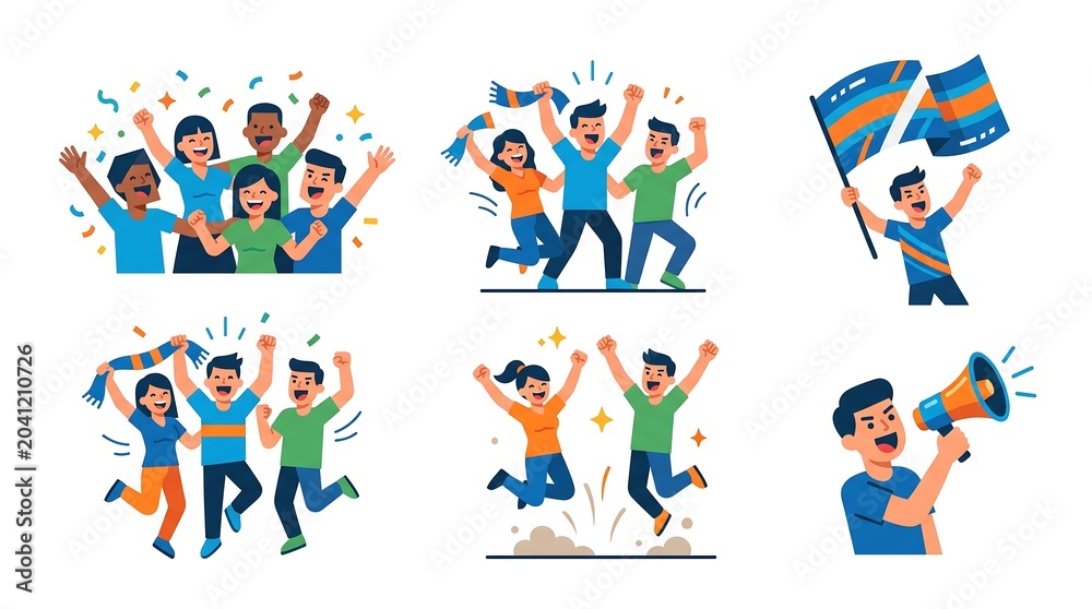 Fototapeta premium Group of enthusiastic fans celebrating victory, cheering with flags, scarves, and confetti, happy diverse people.