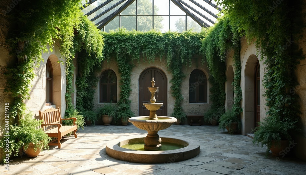 Fototapeta premium Sunlit courtyard features a tiered stone fountain and lush green ivy walls. Arched doorways and windows create a tranquil atmosphere. A wooden bench offers a peaceful spot to rest.