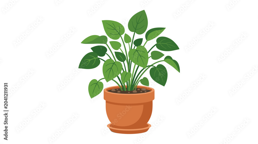 Obraz premium Indoor plant in a pot. Green leaf décor for home interiors. Foliage houseplant for rooms. Compact leafy eco décor, houseplant. Flat vector illustration set against a white background