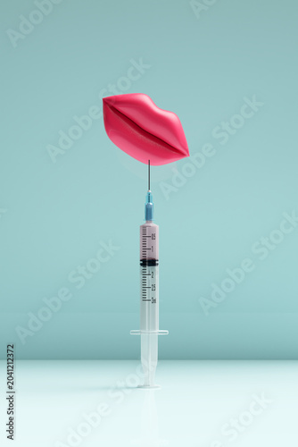3D illustration of glossy pink lips balanced on a medical syringe needle on mint teal background. Minimal concept for lip filler, hyaluronic acid injection and aesthetic cosmetology.