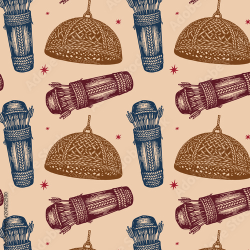 Photos native woven straw artifacts seamless pattern, tribal blowgun quiver and craft l