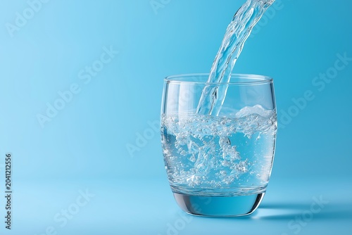Refreshing pure water being poured into a clear glass against a bright blue background representing hydration and health benefits