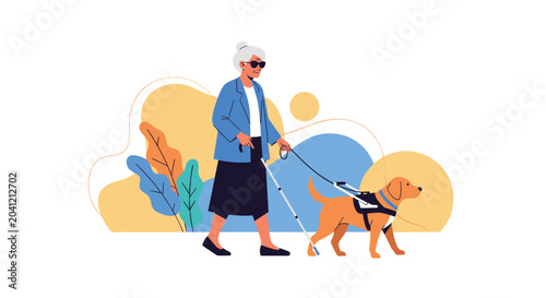 Independent blind elderly woman walking with a white cane and a faithful guide dog representing accessibility and support for the disabled.