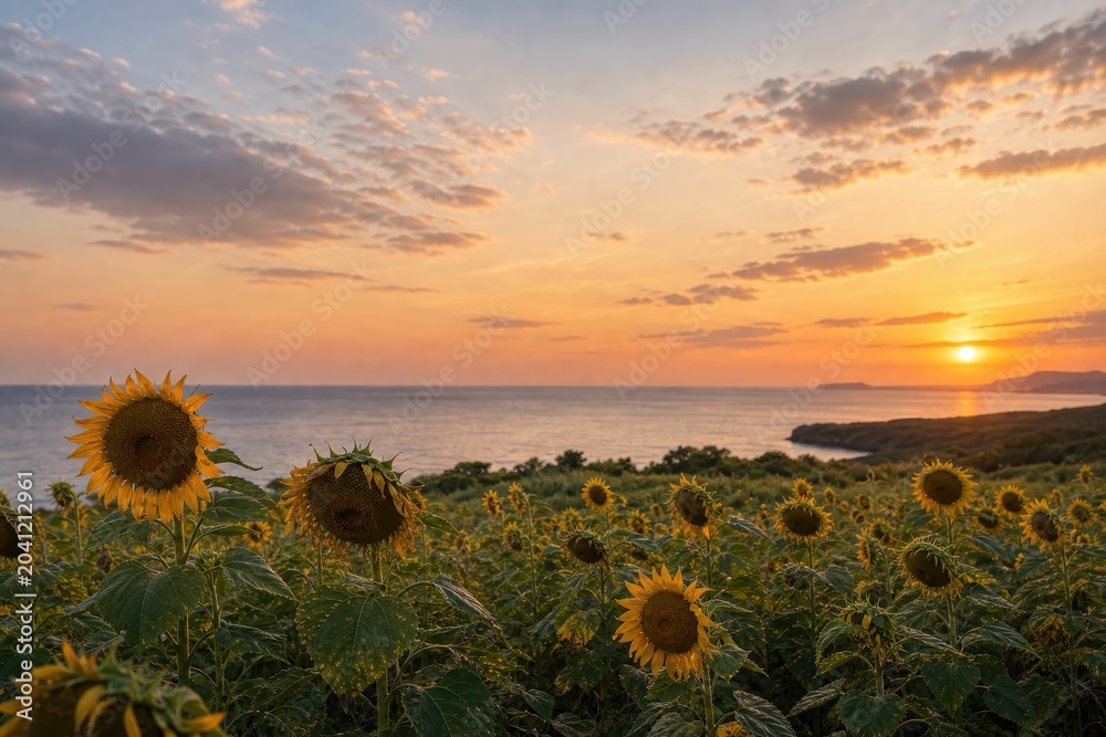Fototapeta premium 海辺の夕焼けに重なるひまわり畑