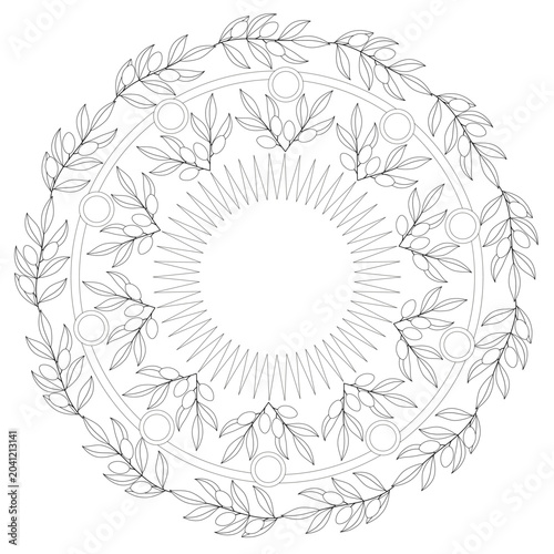 Round symmetrical composition of olive branches. Anti-stress relaxing activity for adults and children. Black outline on a white background. Mandala. Vector illustration for coloring book.