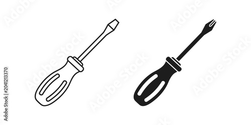Screwdriver tool outline and solid icon in white background for DIY and repair projects