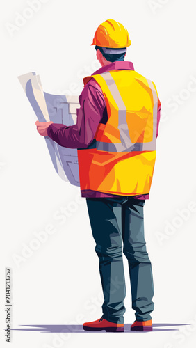 Construction worker in high-visibility vest examining blueprints, viewed from behind, suitable for industry, real estate development and project planning.