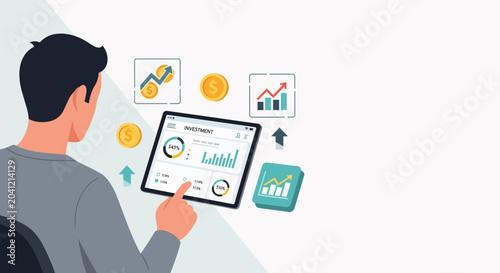 Man interacting with investment dashboard on tablet, showing financial charts and coins, suitable for financial analysis, business strategy and investment planning.