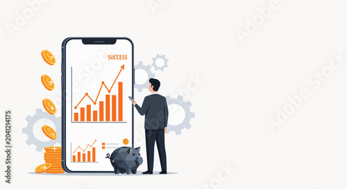 Man with smartphone viewing stock charts on phone screen with coins and piggy bank, 3D rendering, ideal for financial planning, investment growth and business success.