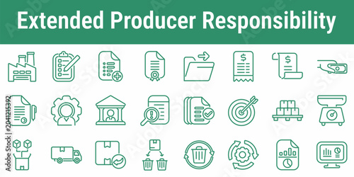 Extended producer responsibility icons with factory reports fees audits collection recycling logistics and dashboard symbols for compliance and waste management design