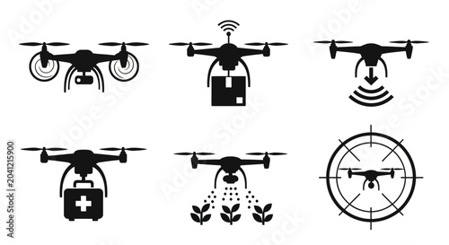 Fotografi Drone icons, black silhouette symbols, 6 air vehicle graphics, quadcopter illust