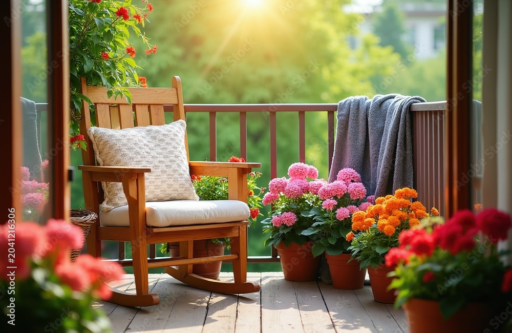 Naklejka premium Wooden rocking chair with cushion sits on sunny balcony. Potted flowers in pink orange red colors surround chair. Cozy outdoor relaxation spot, garden, terrace, spring, summer.