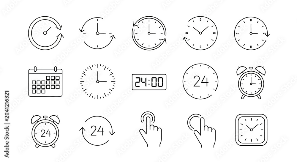 Fototapeta premium Clock icons, time symbols, 24 hour illustrations, alarm clock graphics, vector set