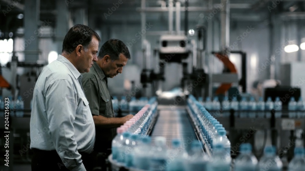 Fototapeta premium Operators inspecting bottled water conveyor in manufacturing plant