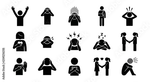 Fotografie Emotions, Facial Expressions, Body Language Icons, 16 Black Silhouette Symbols