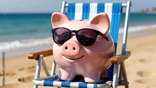 Piggy bank wearing sunglasses relaxing on sandy beach