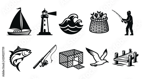 Sea Fishing Industry and Marine Nautical Activity Black Icons